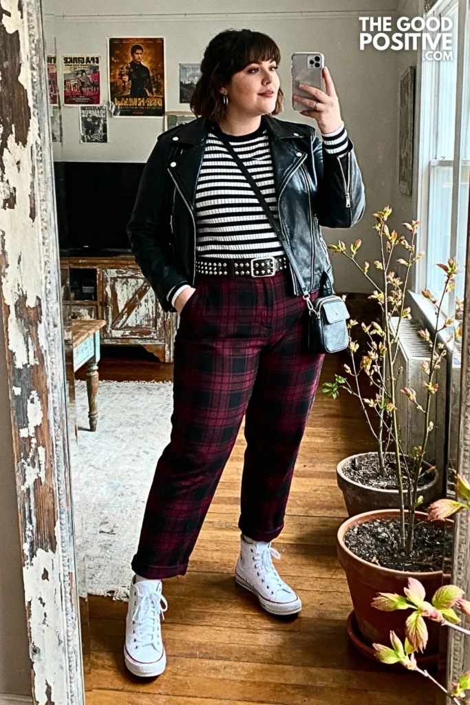 Plus Size Striped Tee and Plaid Trousers Outfit