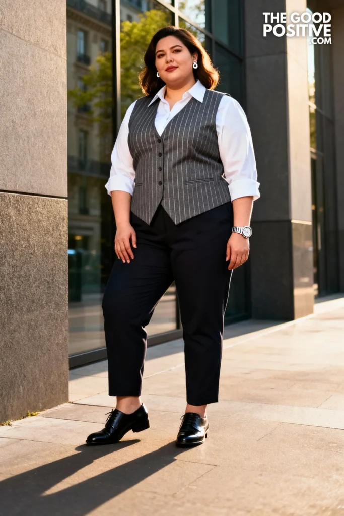 Plus Size Tailored Vest With Wide Collar Shirt Outfit