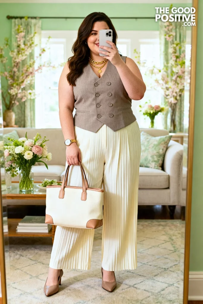 Plus Size Taupe Fitted Waistcoat With Cream Pleated Trousers Outfit