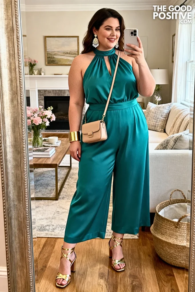 Plus Size Teal Halter Jumpsuit Outfit