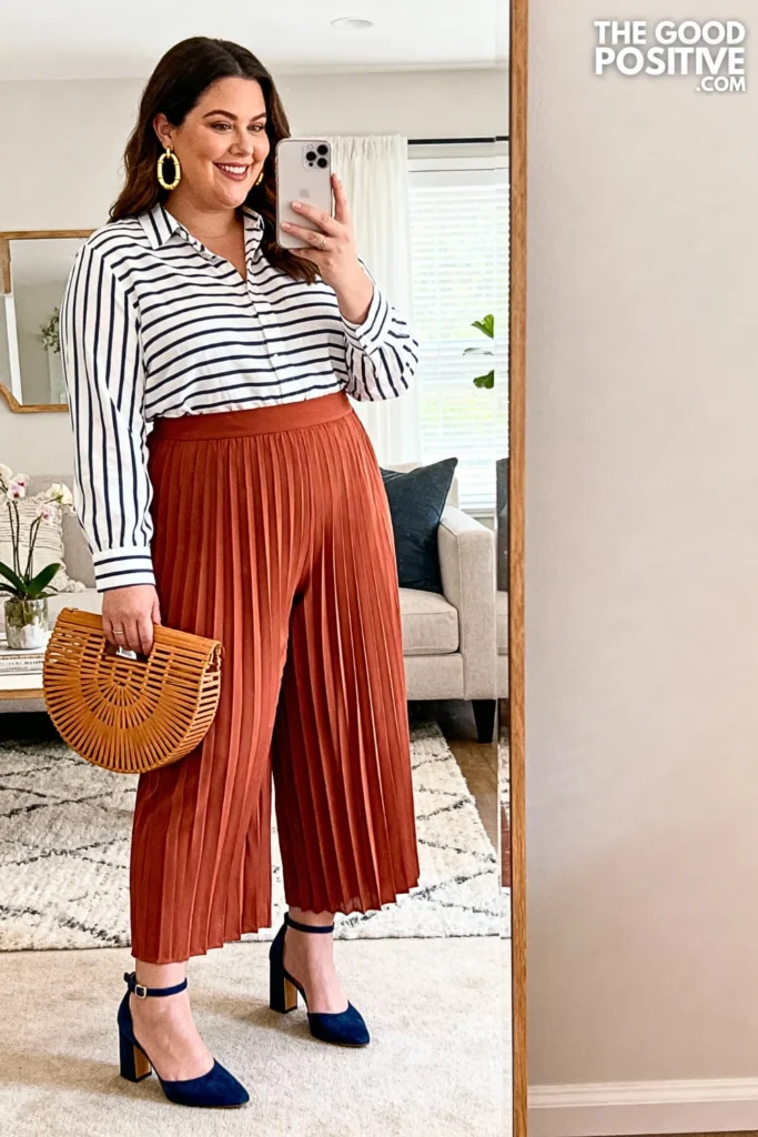 Plus Size Terracotta Culottes With Striped Long Sleeve Shirt Outfit