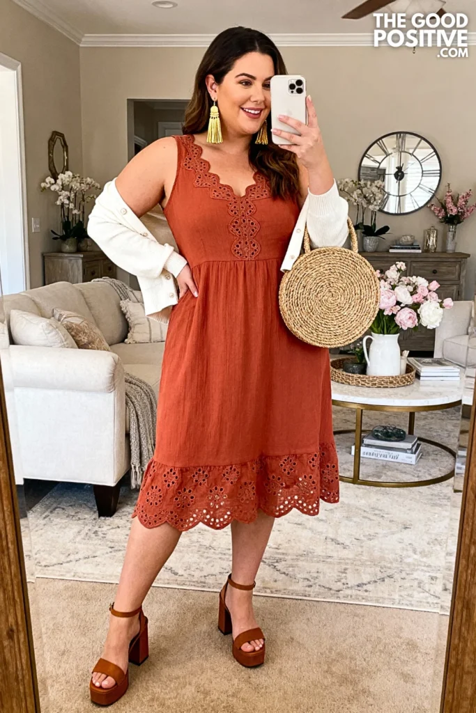 Plus Size Terracotta Eyelet Detail Dress Outfit