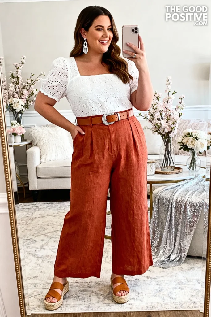 Plus Size Terracotta Linen Pants and White Eyelet Top Outfit