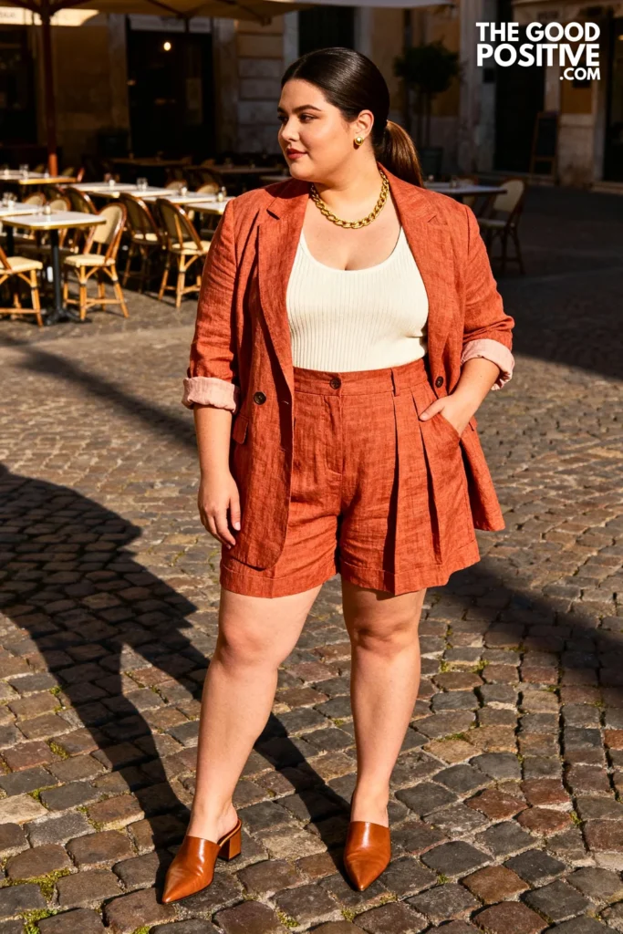 Plus Size Terracotta Linen Shorts and Blazer Outfit