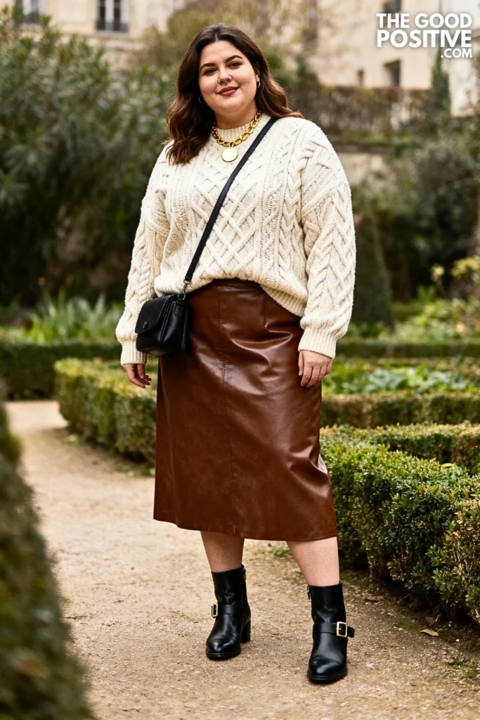 Plus Size Textured Sweater with Leather Skirt Outfit