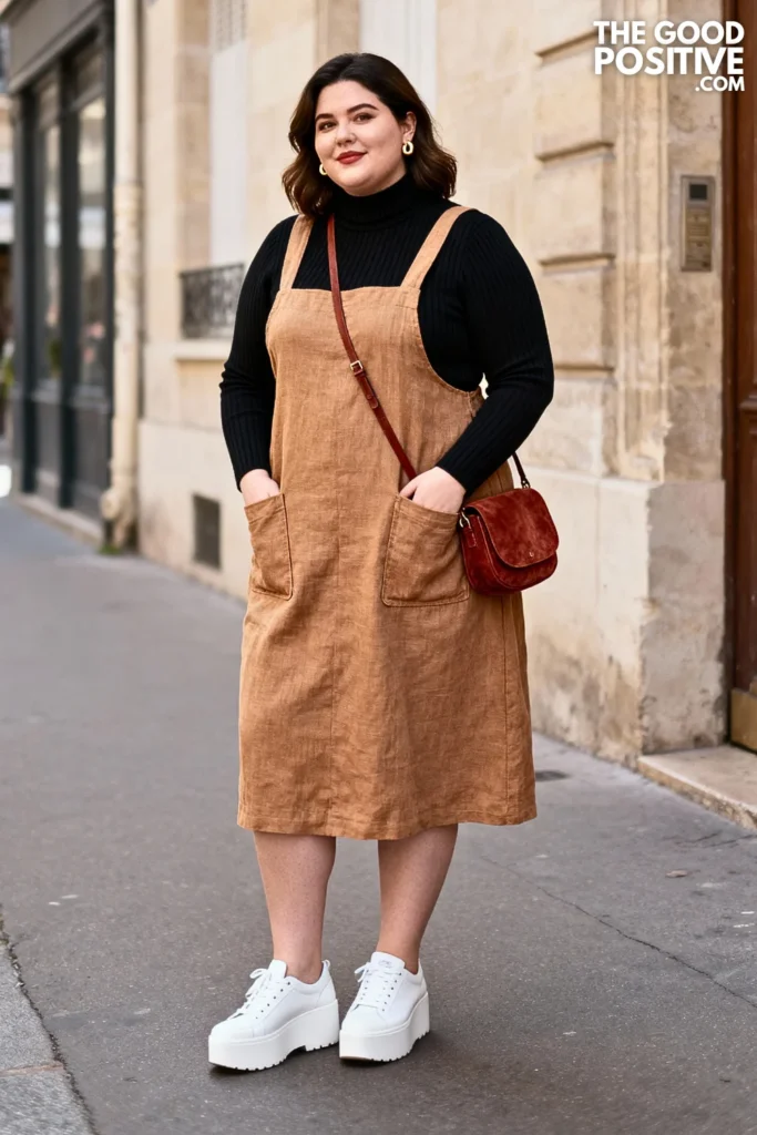 Plus Size Turtleneck Under Pinafore Dress Outfit