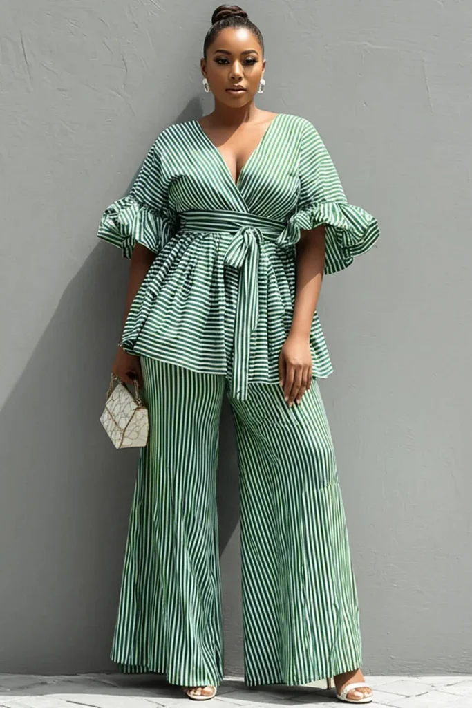 Plus Size Vacation Green Striped Wrap Neck Short Sleeve Wrap Ruffle Two Piece Pant Set