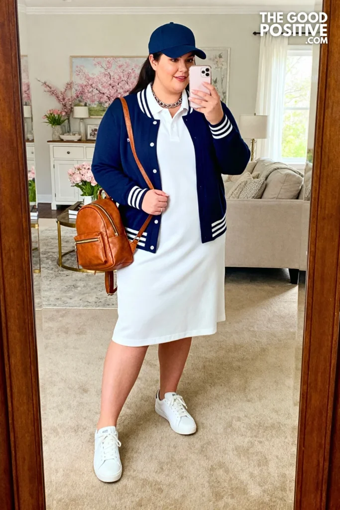 Plus Size Varsity Cardigan With Midi Polo Dress Outfit