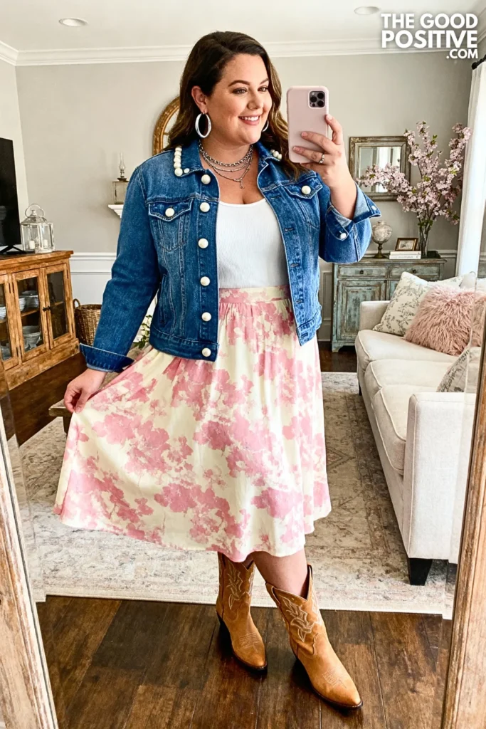 Plus Size Western Denim Jacket With Floral Midi Skirt Outfit