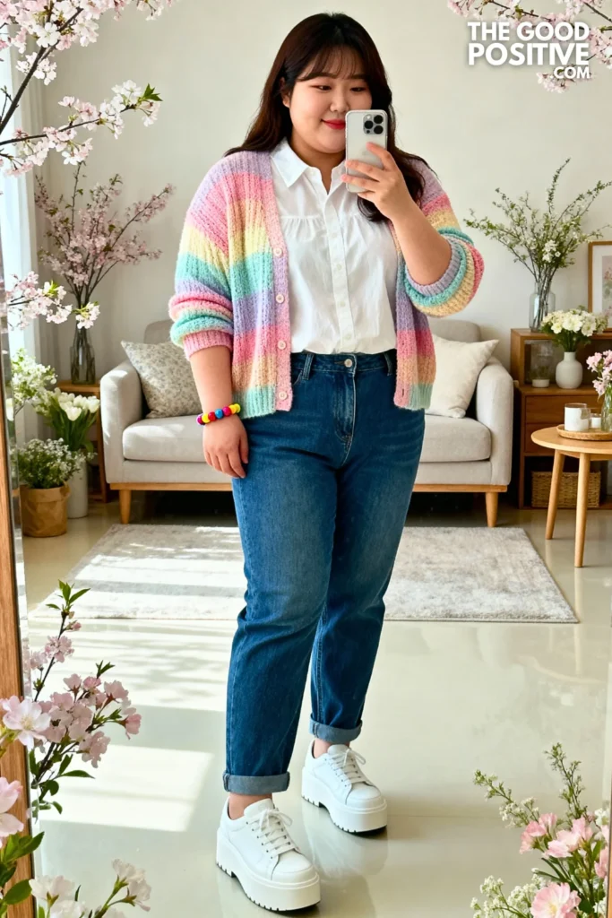 Plus Size White Cotton Blouse With Pastel Rainbow Striped Cardigan And Blue Jeans Outfit