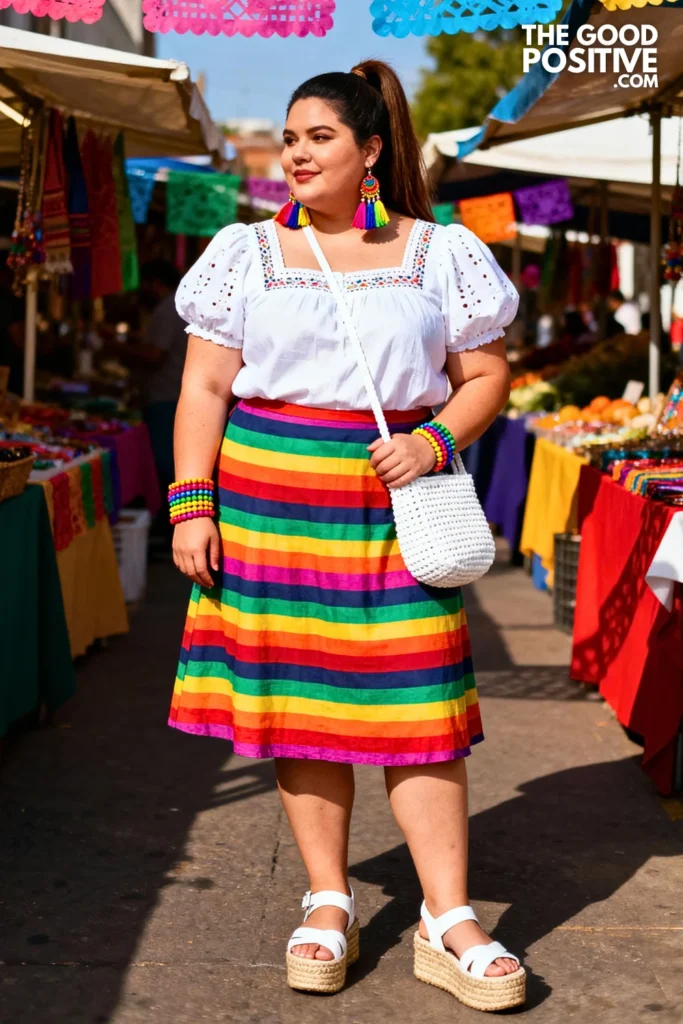 Plus Size White Eyelet Blouse and Colorful Striped Skirt Outfit
