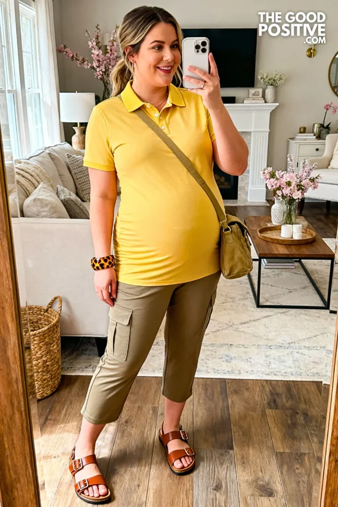 Plus Size Yellow Maternity Polo Shirt with Khaki Maternity Capris Outfit