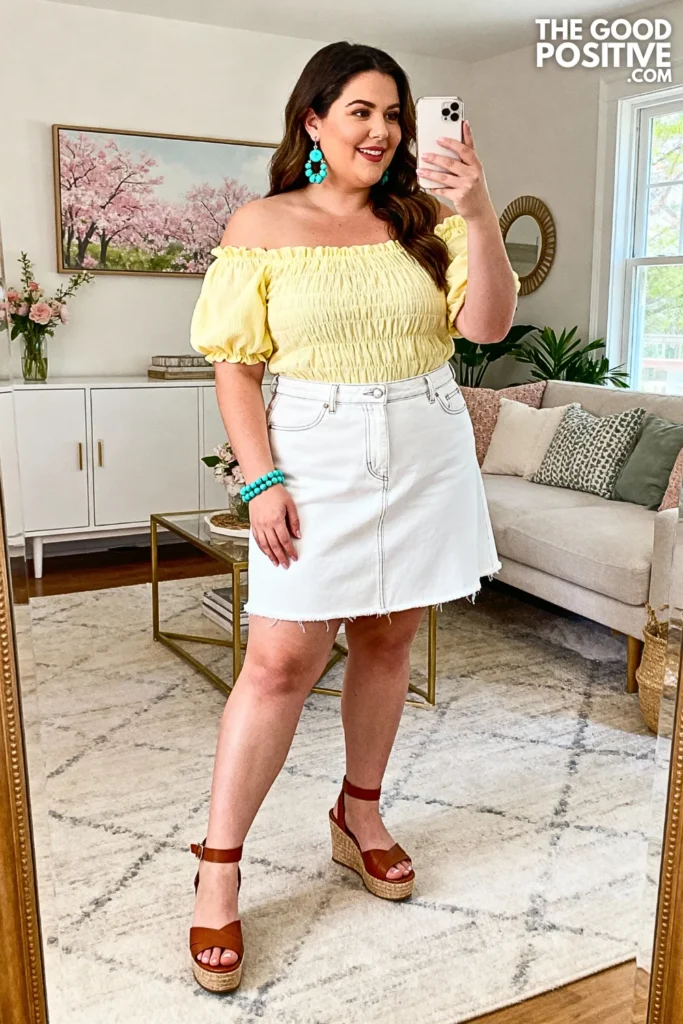 Plus Size Yellow Smocked Top and White Denim Skirt Outfit