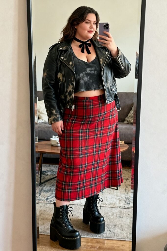 Red Plaid Flannel Maxi Skirt With Cropped Band Tee