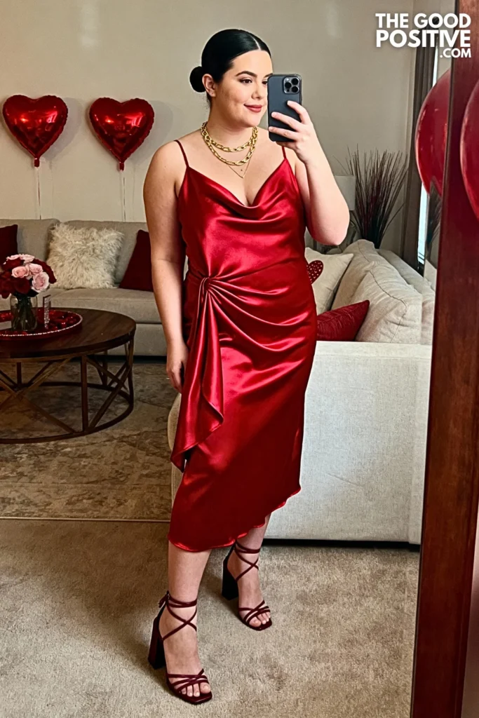 Red Satin Slip Dress With Cowl Neck