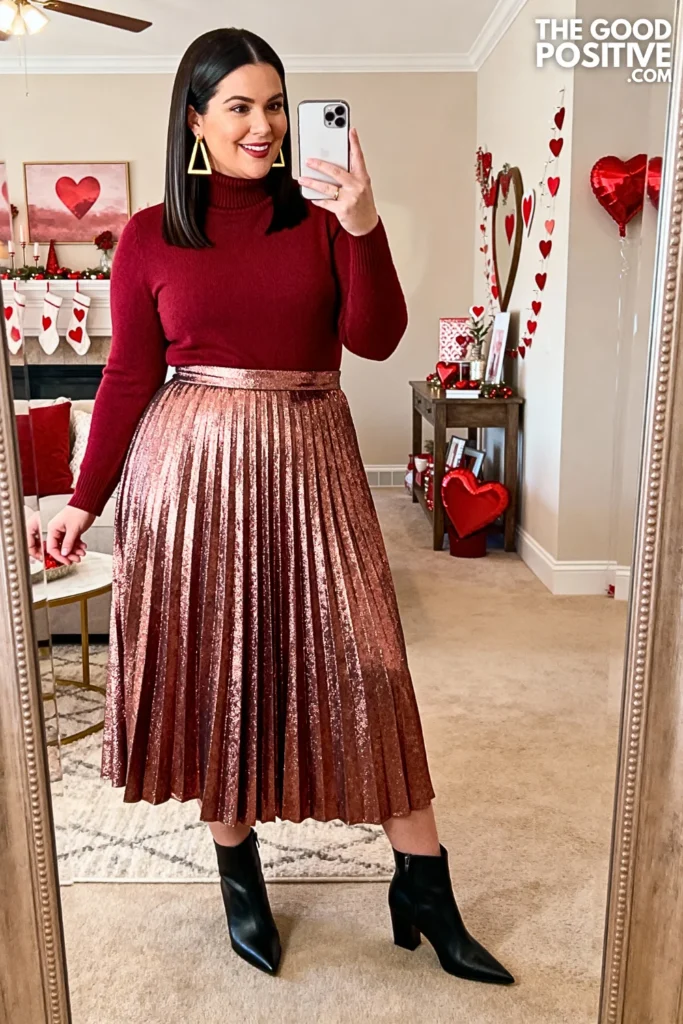 Ruby Red Turtleneck With Metallic Pleated Skirt