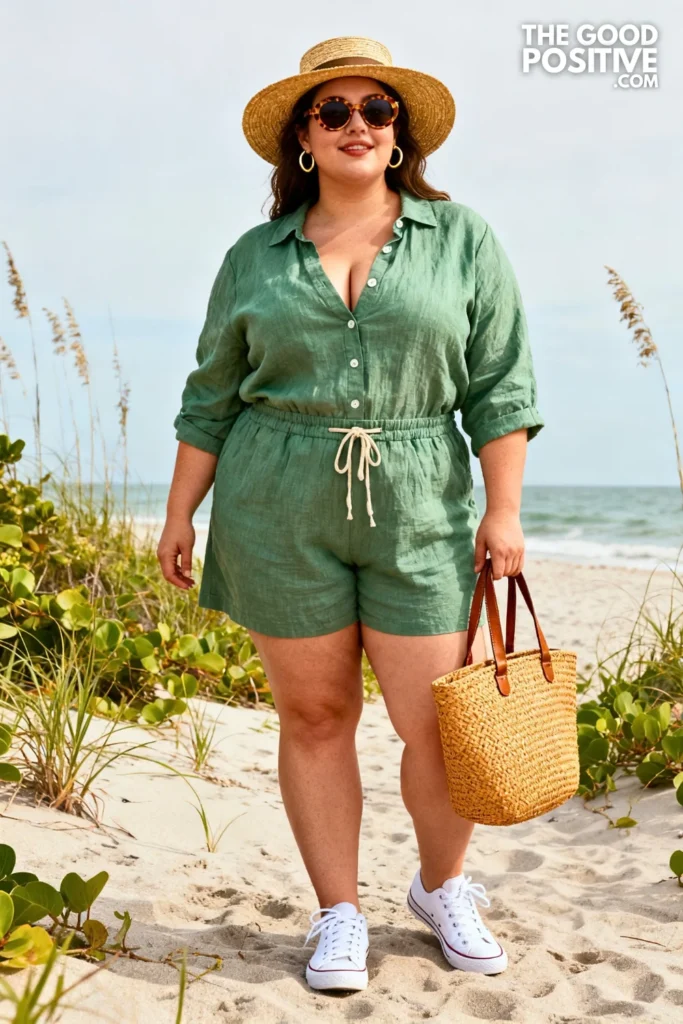 Sage Green Linen Co-ord Set With Straw Boater Hat