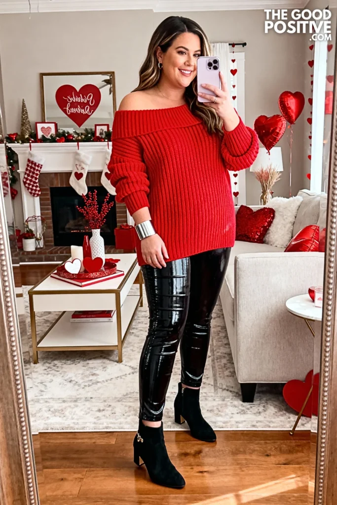 Scarlet Off-Shoulder Knit Top With Black Coated Jeans