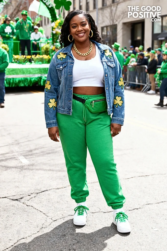Shamrock Embroidered Denim Jacket With Green Joggers