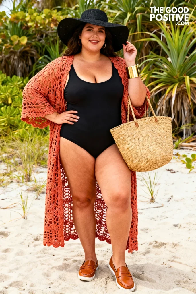 Terracotta Crochet Cover-Up Maxi With Black One-Piece Swimsuit
