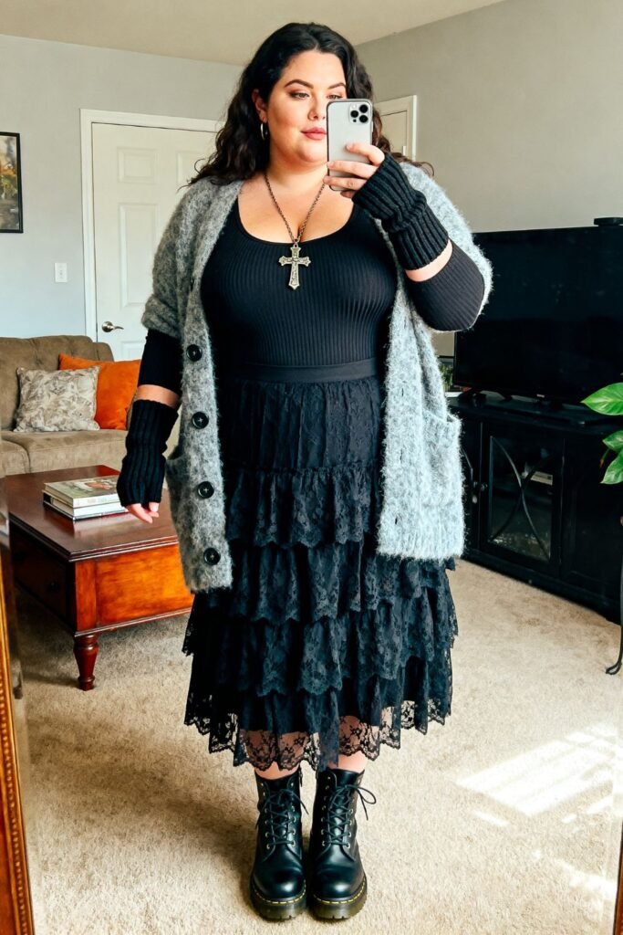 Tiered Black Lace Midi Skirt With Mohair Cardigan