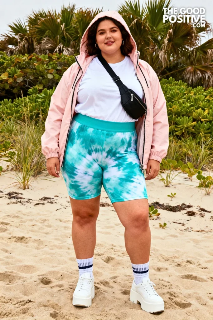 Turquoise Tie-Dye Bike Shorts With Oversized Tee And Windbreaker
