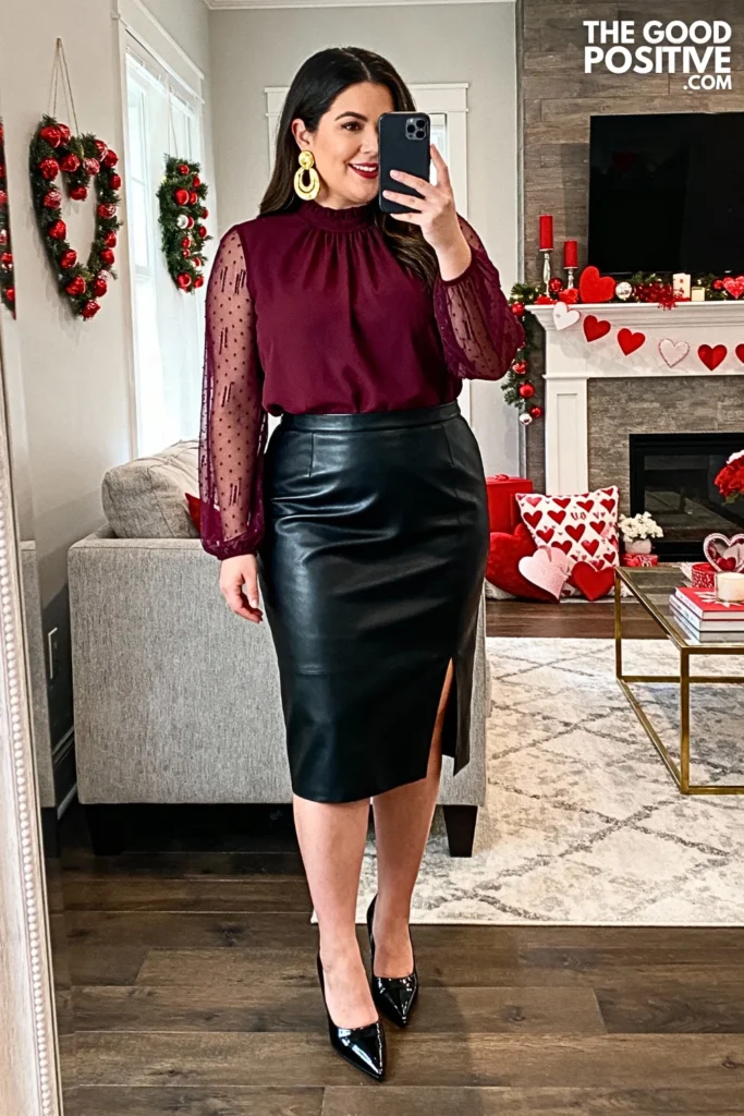 Wine Colored Mesh Sleeve Top With Faux Leather Skirt