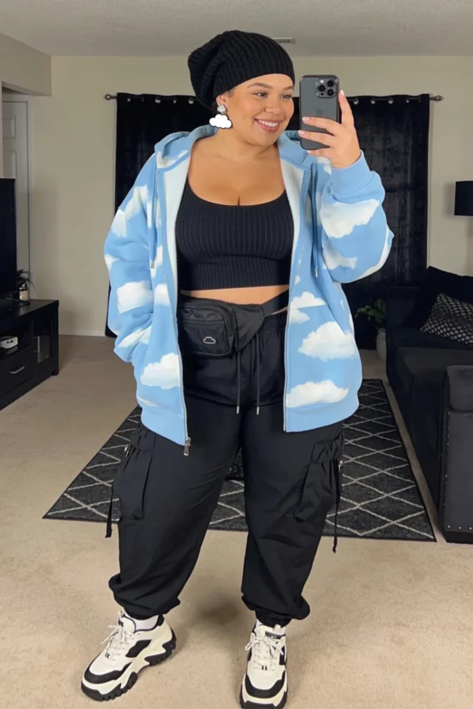 Baby Blue Cloud Hoodie With Black Parachute Pants And Chunky Sneakers