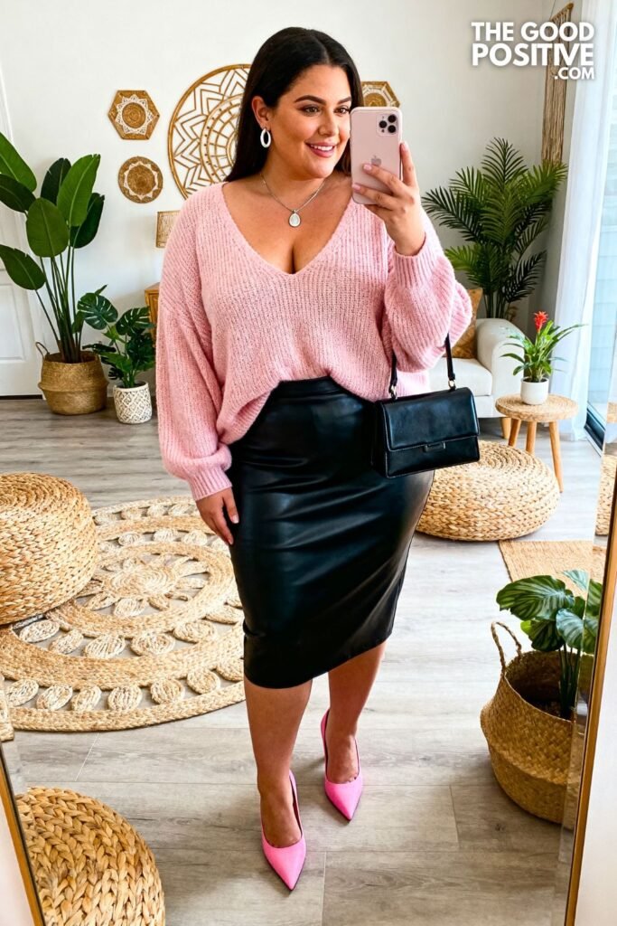 Black Faux Leather Pencil Skirt With Pastel Pink Knit Sweater
