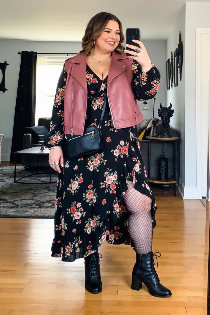 Black Floral Maxi Dress With Dusty Pink Moto Jacket And Ankle Boots