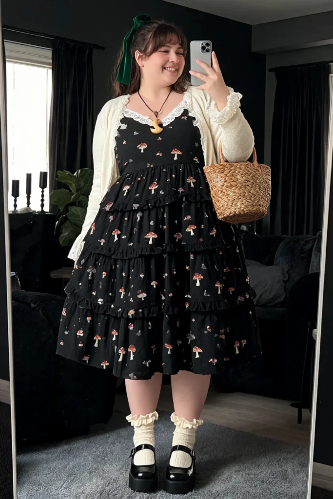 Black Prairie Dress With Mushroom Embroidery And Platform Mary Janes