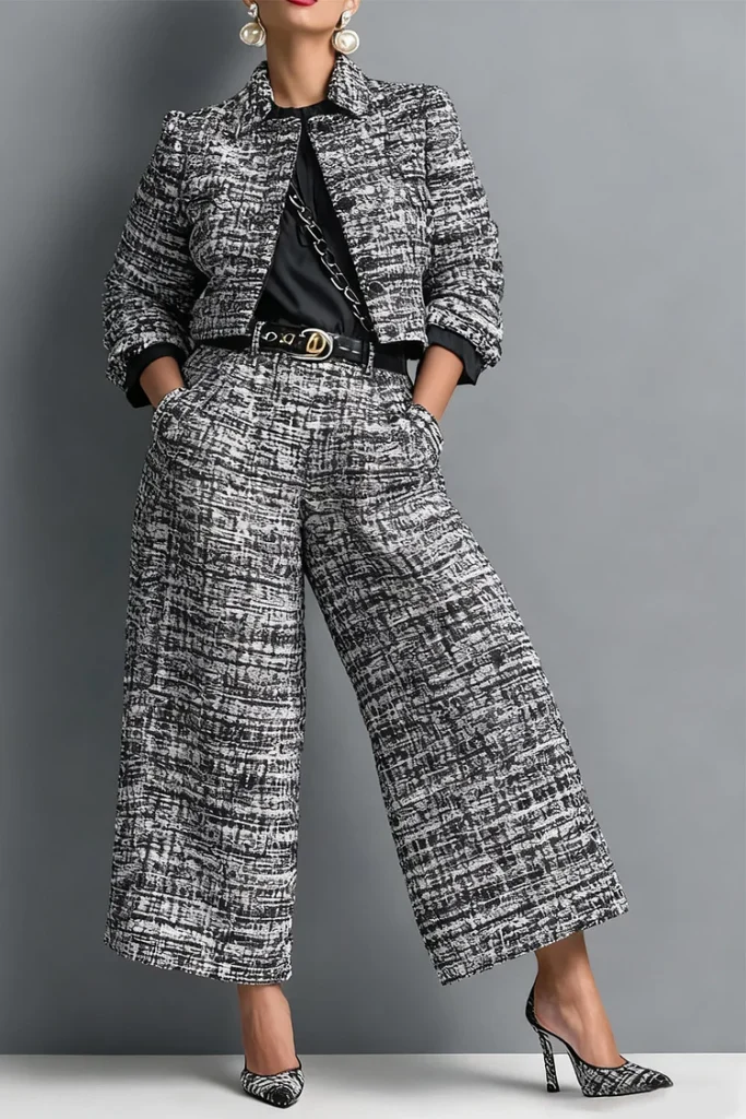 Business Casual Grey Plaid Shirt Collar Long Sleeve Pocket Elegant Wide Leg Two Piece Pant Suit