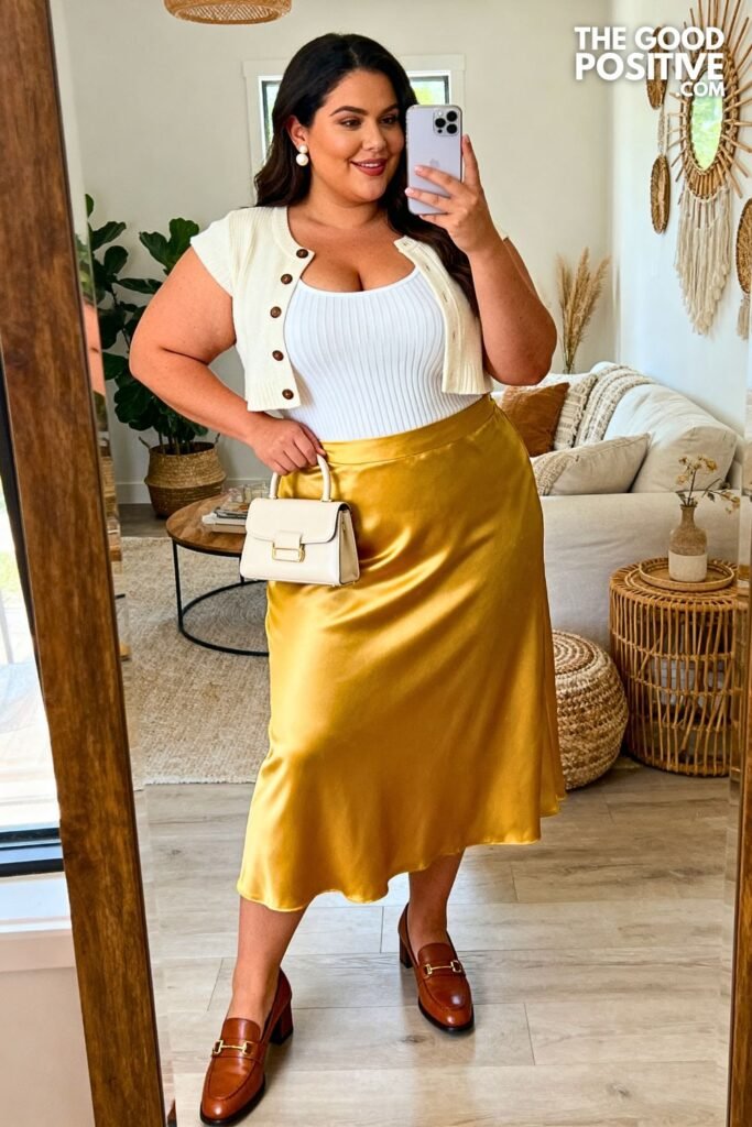 Butter Yellow Satin Midi Skirt With Cropped Cardigan
