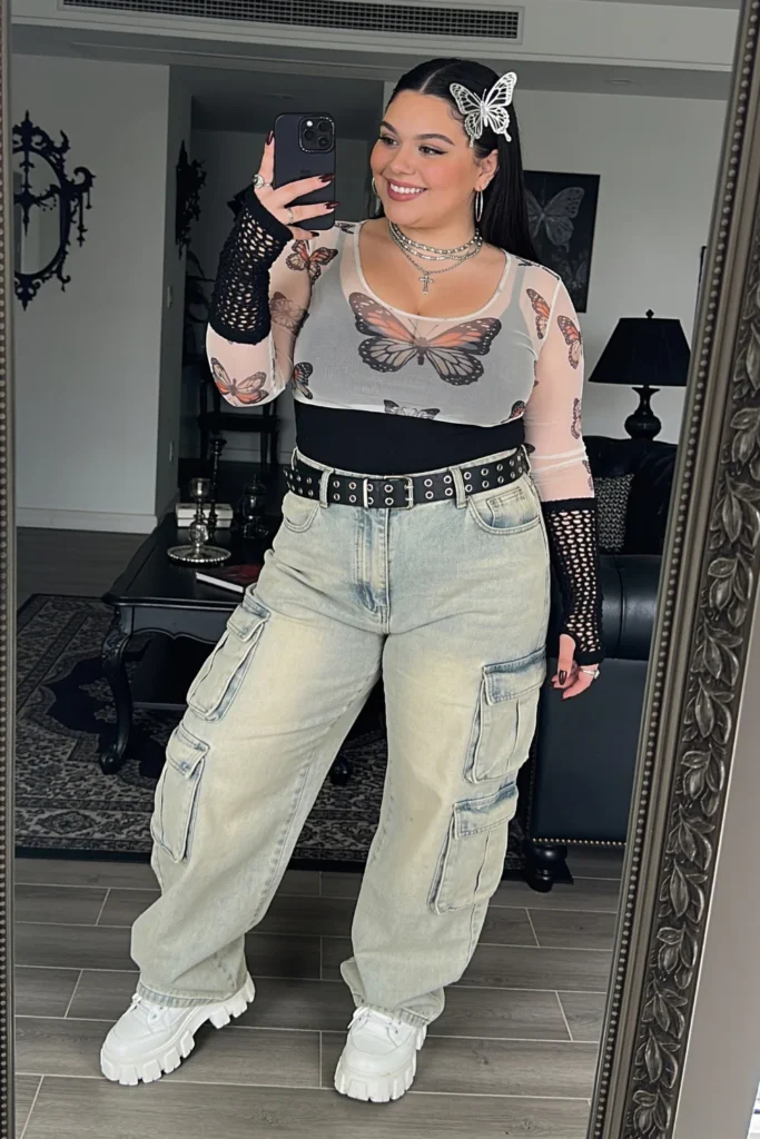 Butterfly Mesh Top With Light-Wash Cargo Jeans And Platform Sneakers