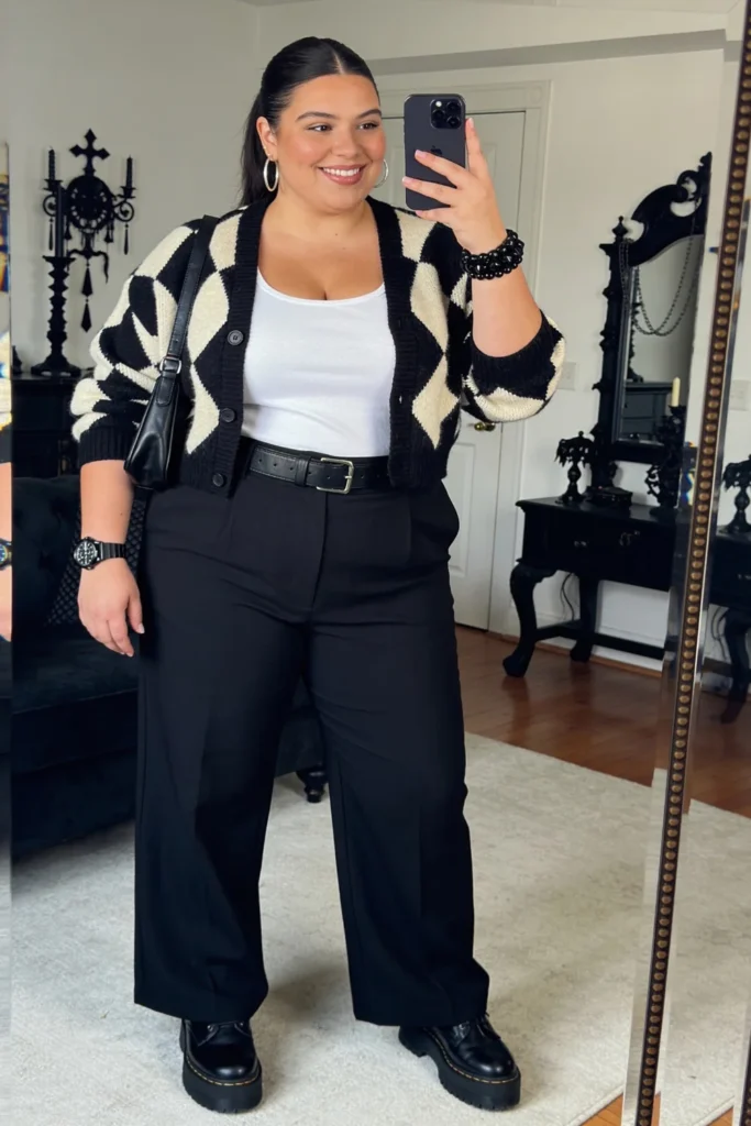 Checkerboard Knit Cardigan With White Tee And Black Wide-Leg Trousers