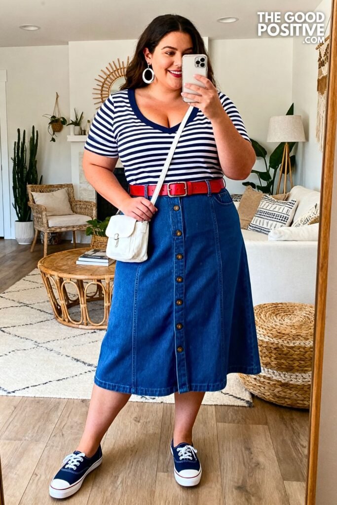 Cobalt Blue Denim A Line Skirt With Striped Boat Neck Top