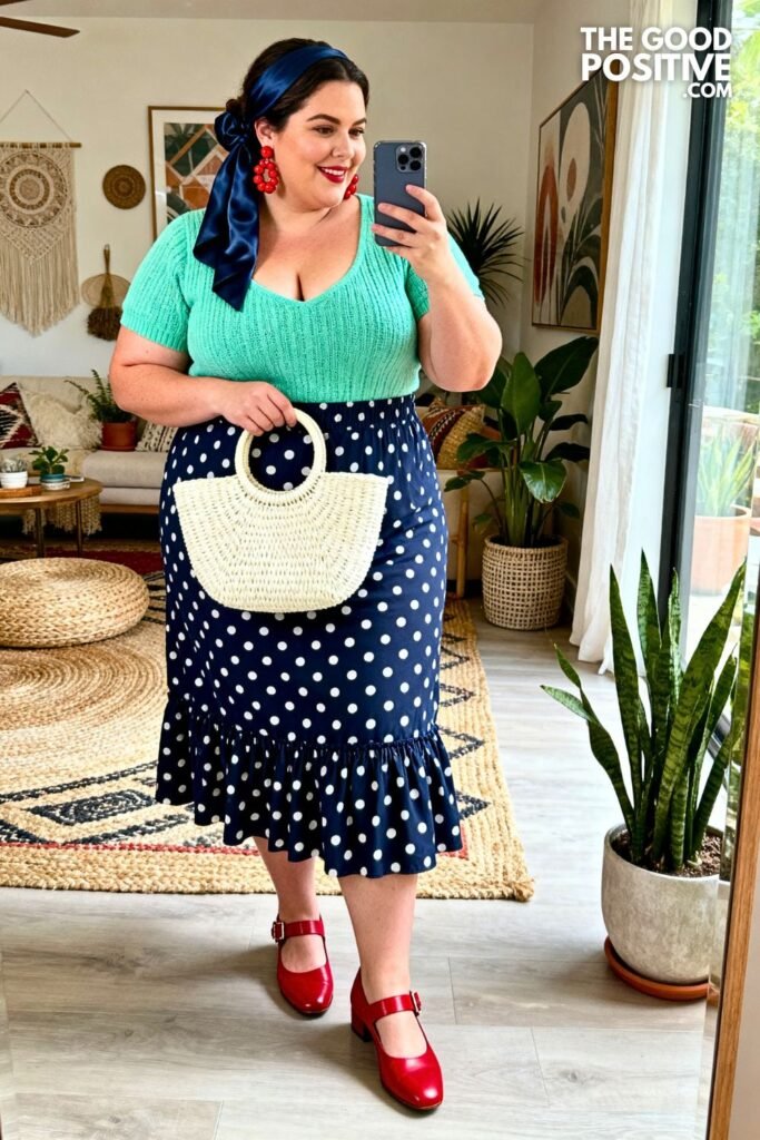 Cream Polka Dot Navy Midi Skirt With Pistachio Knit Top