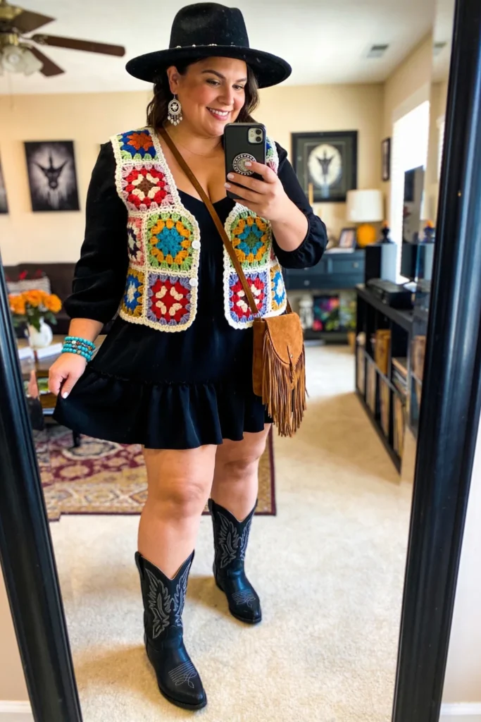 Crochet Granny Square Vest With Black Ruffle Midi Dress And Cowboy Boots