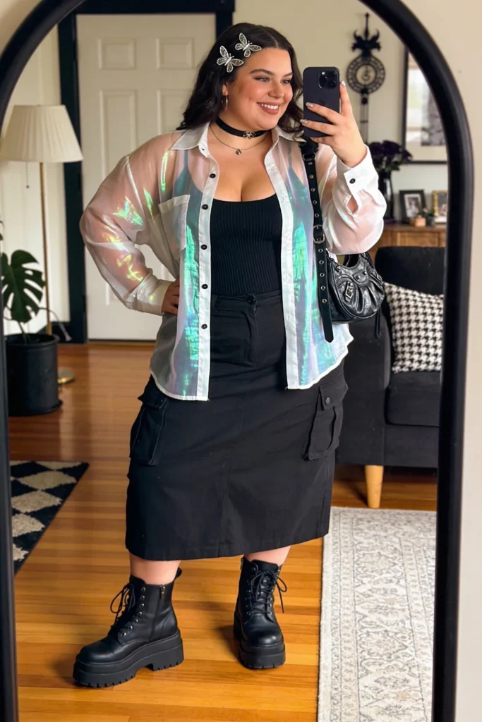 Iridescent Organza Shirt With Black Cargo Skirt And Lace-Up Platform Boots