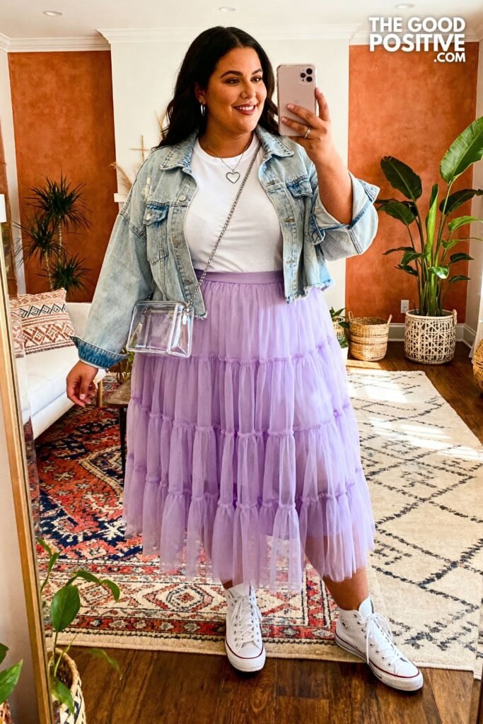 Lavender Tulle Midi Skirt With Oversized Denim Jacket