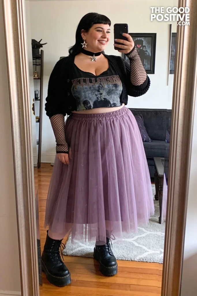 Lavender Tulle Skirt With Faded Band Tee And Combat Boots