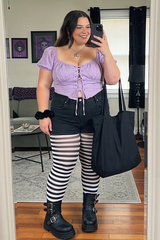 Lilac Lace-Up Blouse With Black Denim Shorts And Striped Tights