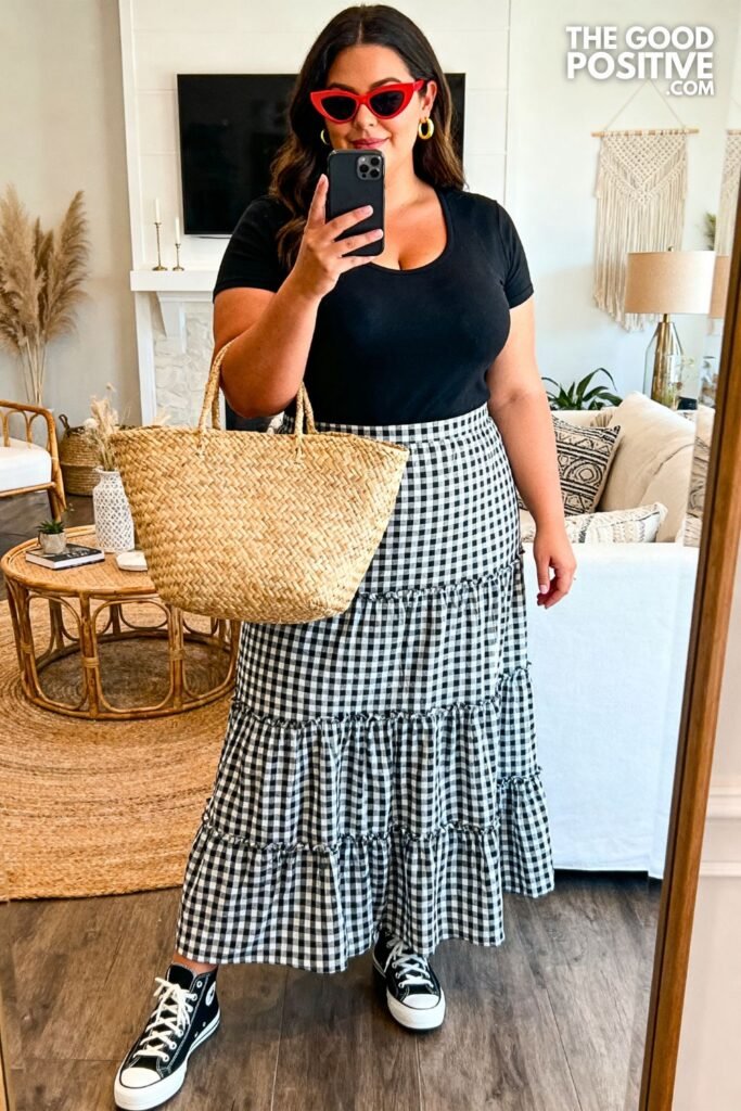Monochrome Gingham Tiered Maxi Skirt With Fitted Black Tee