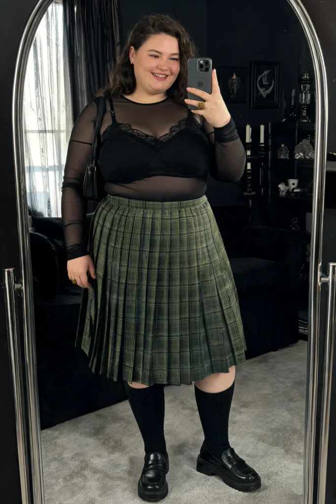 Moss Green Plaid Pleated Skirt With Lace-Trim Tank And Chunky Loafers