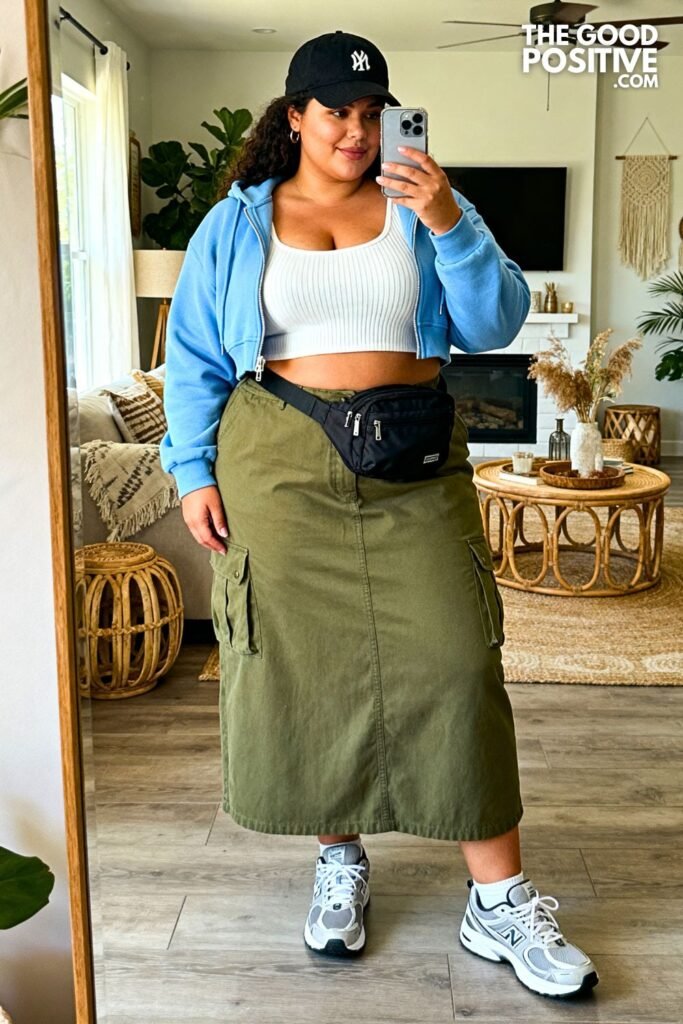 Olive Cargo Maxi Skirt With Baby Blue Cropped Hoodie