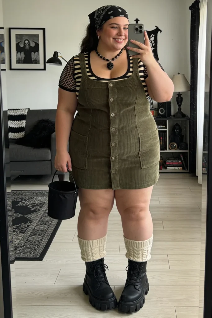 Olive Corduroy Pinafore Dress With Striped Mesh Tee And Lug-Sole Boots