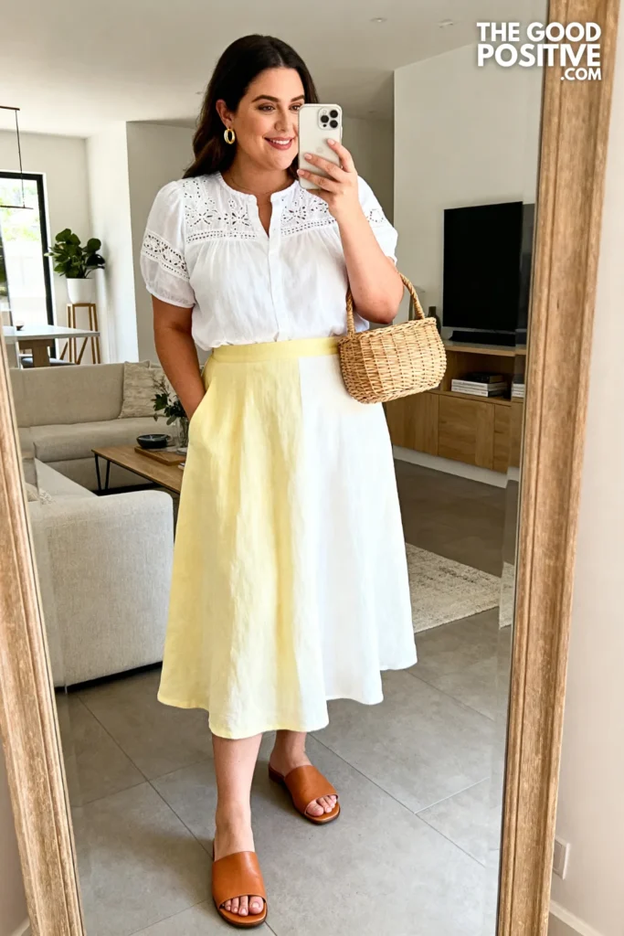 Plus Size A-Line Linen Skirt With Tucked Broderie Blouse Outfit