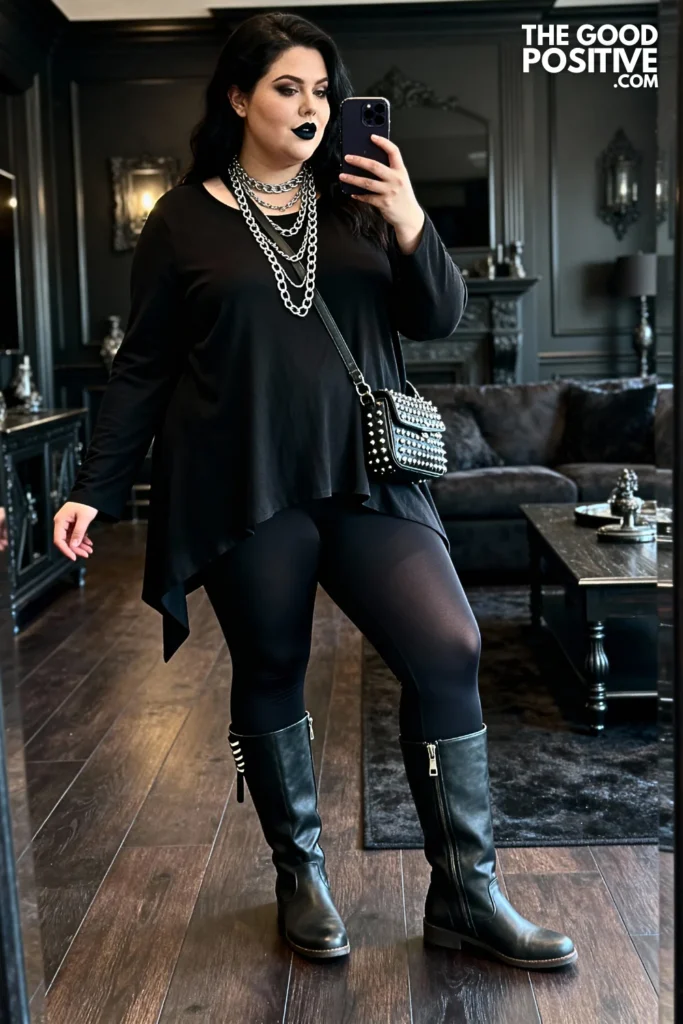 Plus Size Asymmetric Hem Tunic with Leggings and Boots Outfit