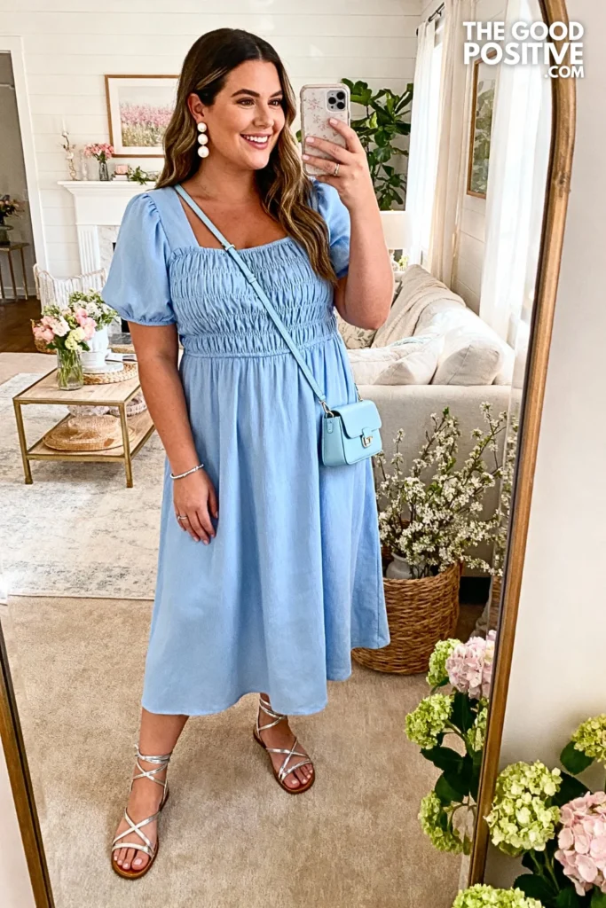 Plus Size Baby Blue Smocked Bodice Midi Dress Outfit