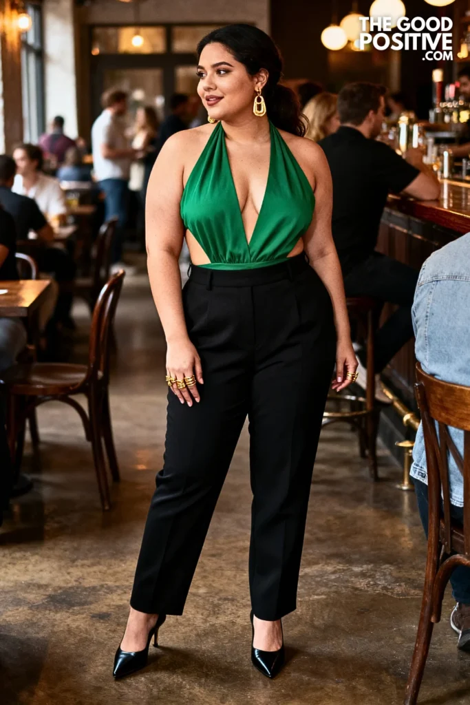 Plus Size Backless Halter Top and Trousers Outfit